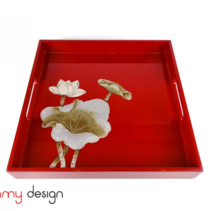 Red square lacquer tray hand-painted with lotus 30cm